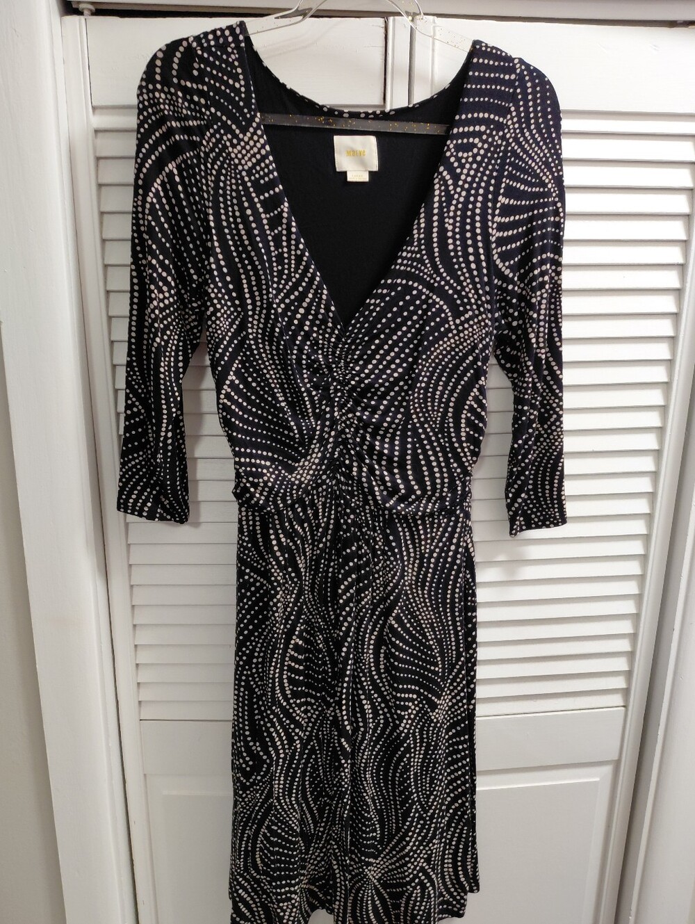 Maeve Anthropologie Black & White Dot-Pattern V-Neck Women's Dress